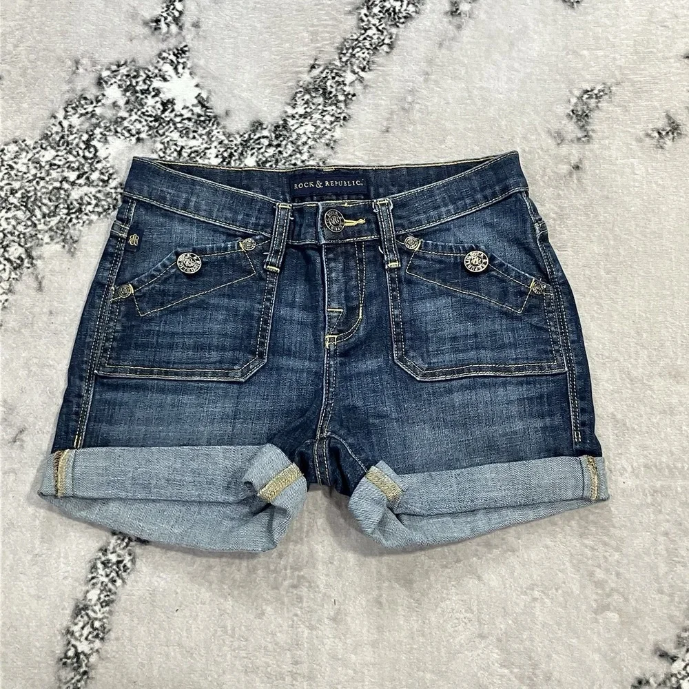 Rock & Republic Womens Denim Shorts Size 2 Cuffed Mid Rise Dark Wash Stretc